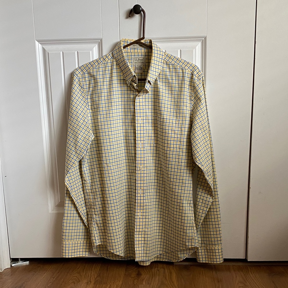 Lands' End Men's Yellow and Blue Plaid Shirt